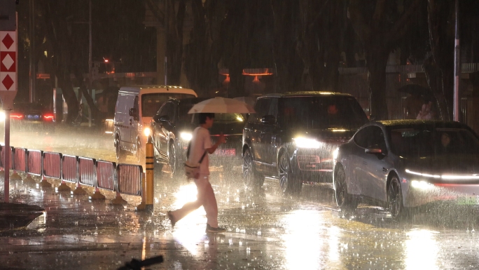 惊蛰下雨暴雨大雨城市行人暴雨夜雨骑手路人