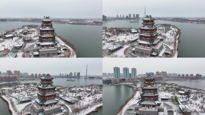 旋转航拍菏泽市成武县文亭湖雪后风景