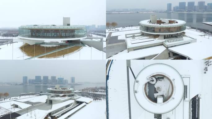 4K航拍郑州东区黑川纪念广场雪景