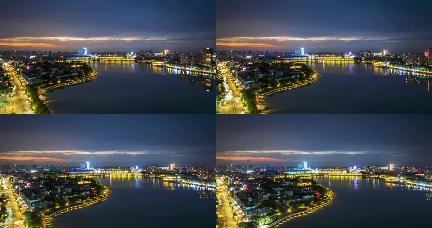 夜幕下的九江城景航拍延时