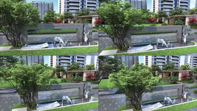 新中式小区景墙景观三维动画