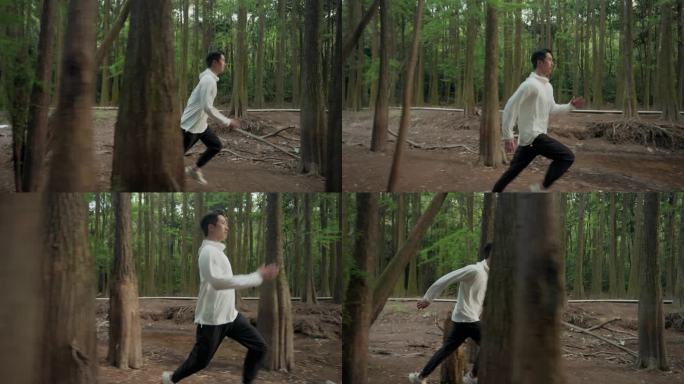男子在丛林树林间奔跑