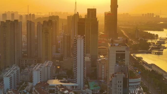 镇江市润州区京口区航拍夕阳西下美景高楼大