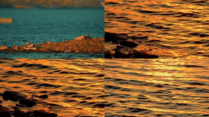 夕阳下水波纹湖水海