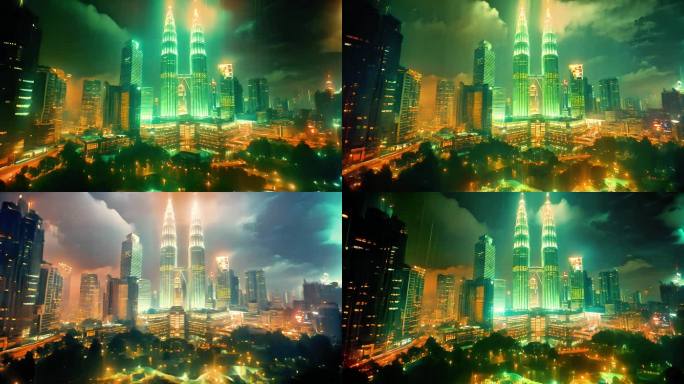 马来西亚夜幕下双子塔灯光璀璨如星辰闪烁