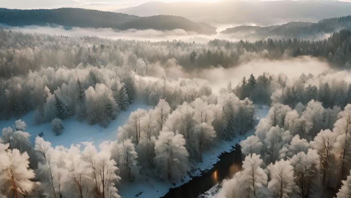 4k航拍雾凇冬季冬天自然风光唯美风景河流