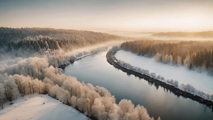 航拍雾凇冬季冬天自然风光唯美风景河流