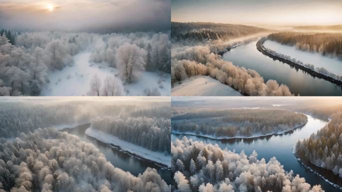 航拍雾凇冬季冬天自然风光唯美风景河流