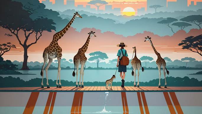 AI演绎落日下的长颈鹿在池塘喝水