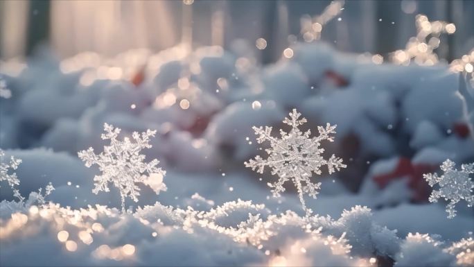 冬天雪花雪景下雪天冰晶雪花特写空镜头唯美