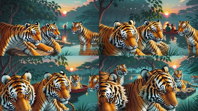 AI演绎落日下的老虎在池塘喝水