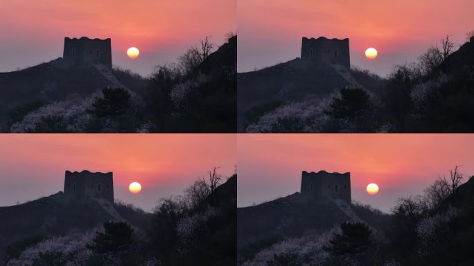 长城日出火红太阳和烽火台