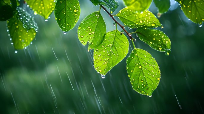 下雨天树叶子雨露露水雨滴唯美ai素材春天