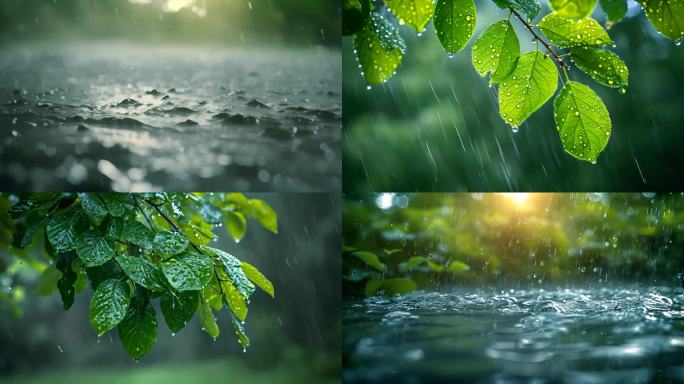 下雨天树叶子雨露露水雨滴唯美ai素材春天