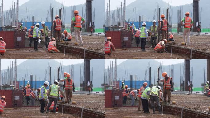 建筑工地钢筋工绑钢筋施工