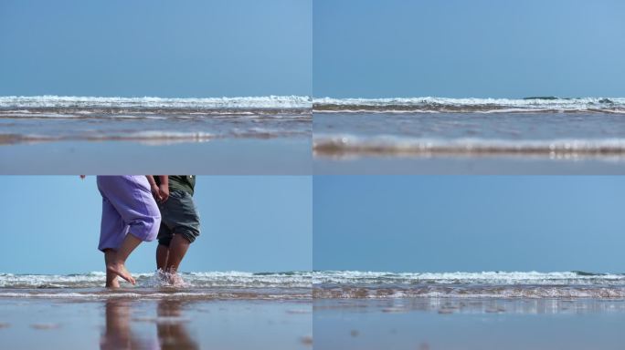 海浪滚滚情侣漫步沙滩