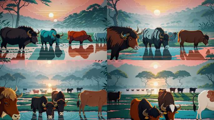 AI演绎落日下的牦牛在池塘喝水