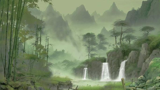 山水瀑布，竹林，戏曲舞台微动背景