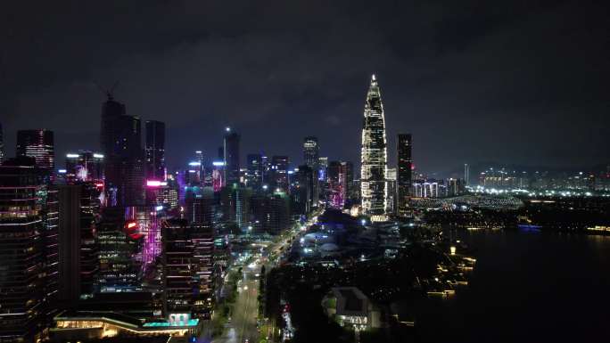 夜晚航拍深圳湾建筑高楼东滨路交通