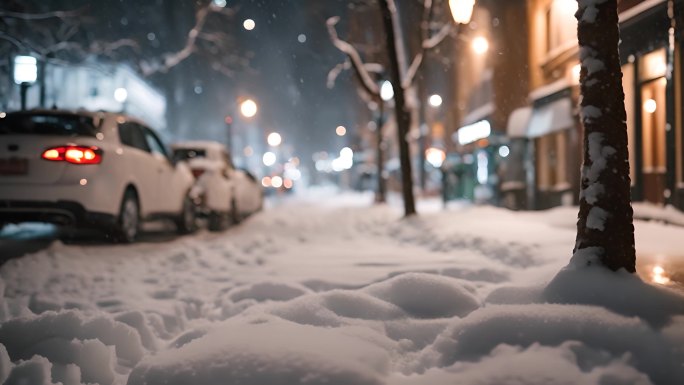 城市 夜晚下雪 雪景 飘雪