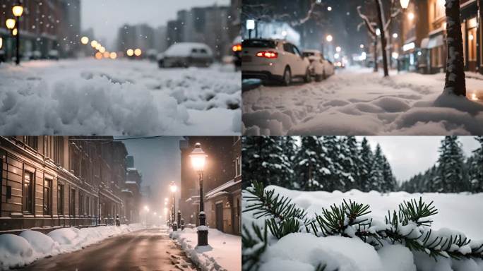 城市 夜晚下雪 雪景 飘雪