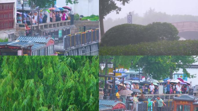 江苏苏州姑苏寒山寺江南水乡下雨季游客风景