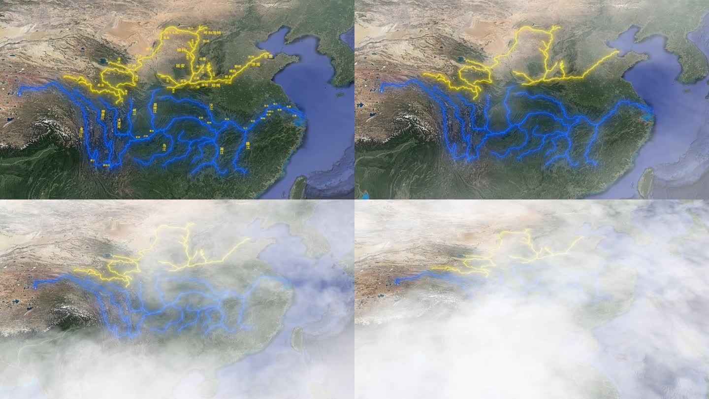 4K中国水系长江黄河流域城市分布地图