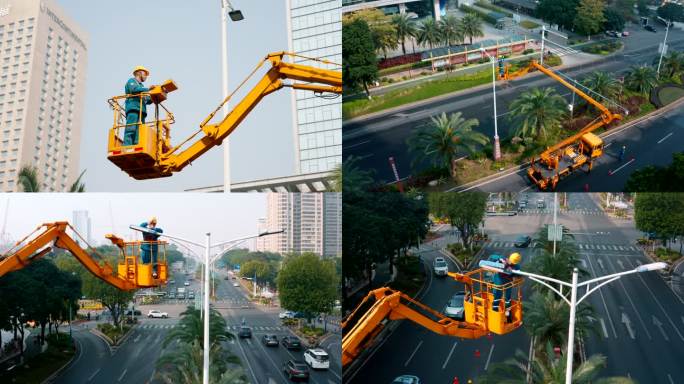 城市路灯检查维修道路指挥城市航拍