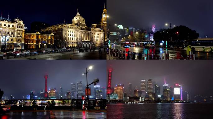 下雨中上海外滩建筑群5个场景-街景，治愈