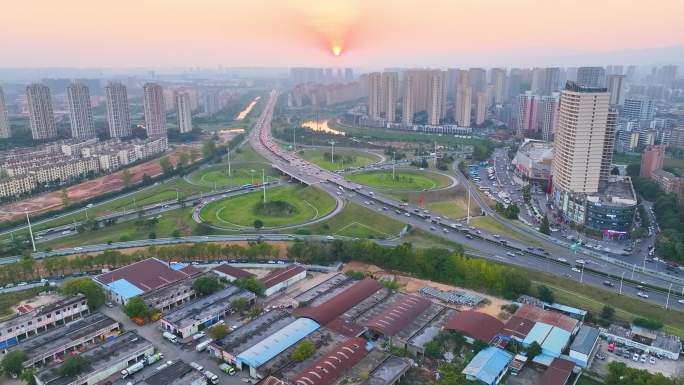 江西南昌长堎互通立交桥车辆交通航拍夕阳晚