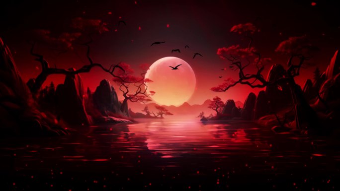 神秘色彩中国风水面月亮场景