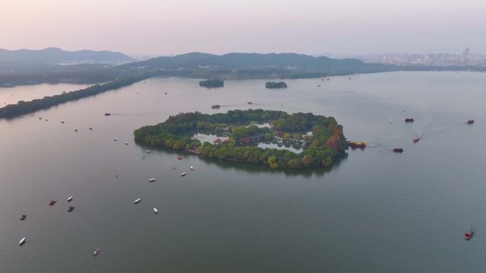 杭州西湖景区三潭印月小瀛洲航拍风景大自然