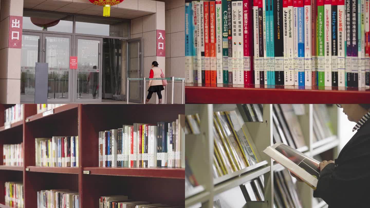 4K图书馆看书学习书架图书借书还书