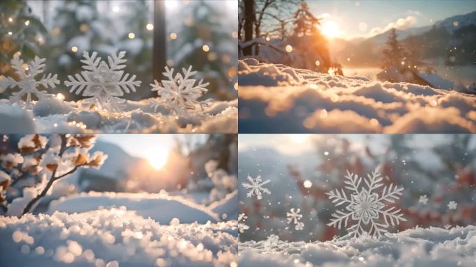 冬天雪花雪景下雪天冰晶雪花特写空镜头唯美