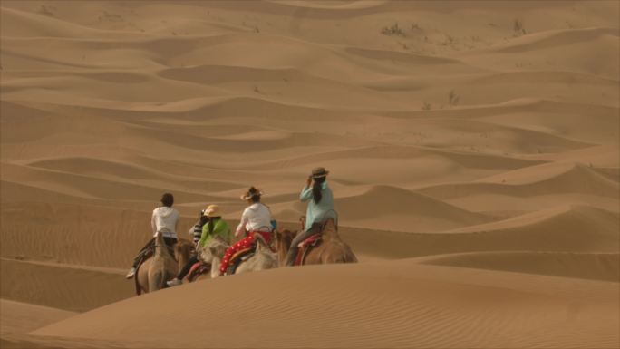 沙漠骑骆驼的游客