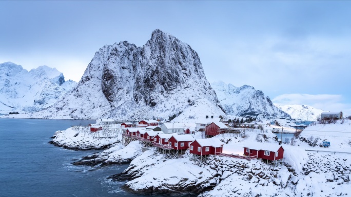 挪威罗弗敦群岛北极圈雷纳冬季雪景景点延时