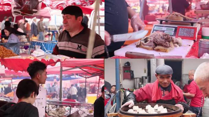 新疆巴扎上售卖各种美食的商户们