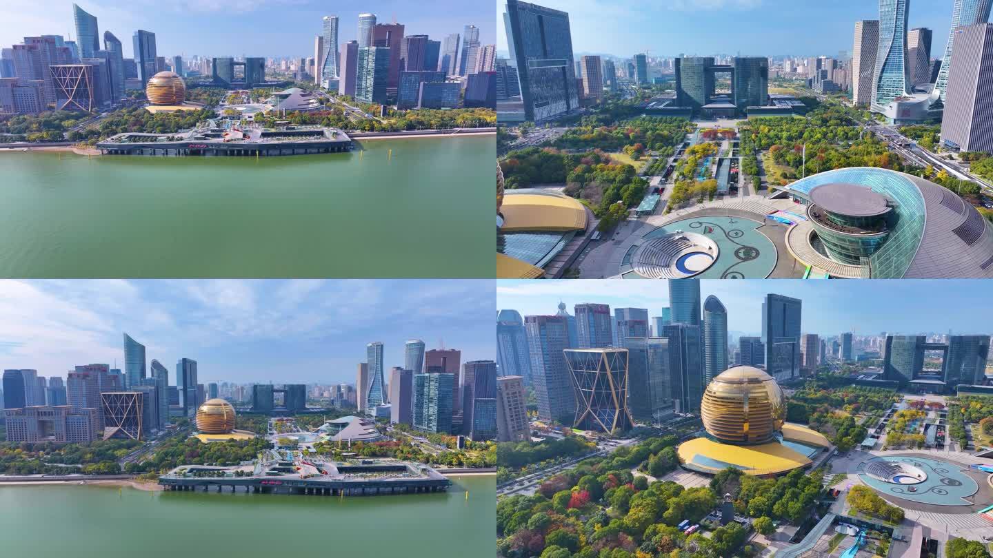 浙江杭州钱江新城航拍市民中心城市地标风景