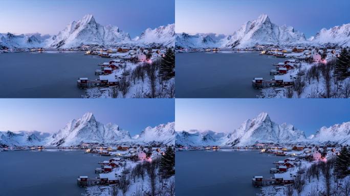 挪威罗弗敦群岛北极圈雷纳冬季雪景景点延时