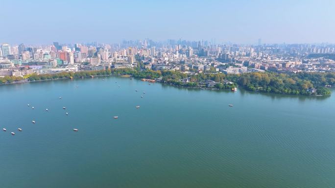 浙江杭州西湖景区大景全景游船船舶航拍风景