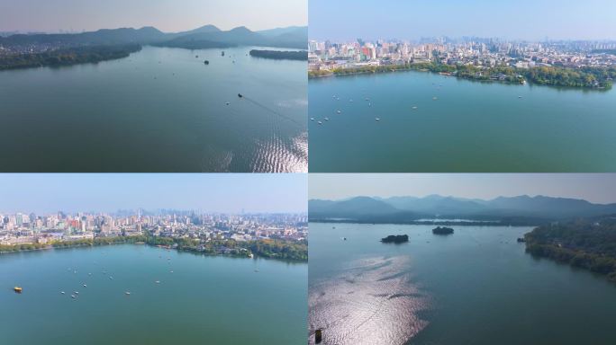 浙江杭州西湖景区大景全景游船船舶航拍风景