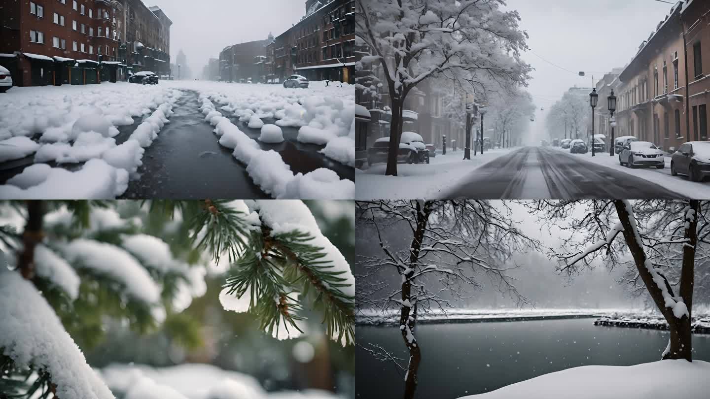 城市 夜晚下雪 雪景 飘雪