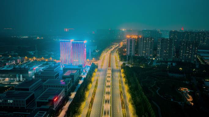 航拍许昌高新区魏武大道夜景延时摄影