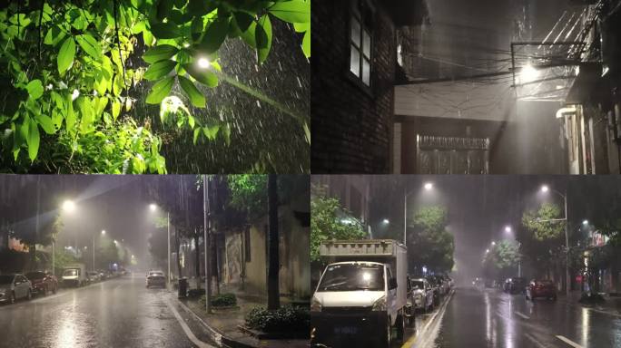 夜晚下雨暴雨倾盆大雨滂沱大雨雨滴小巷雨滴