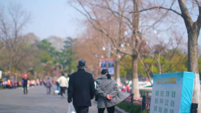 南京玄武区玄武门玄武湖景区游客观赏花朵踏