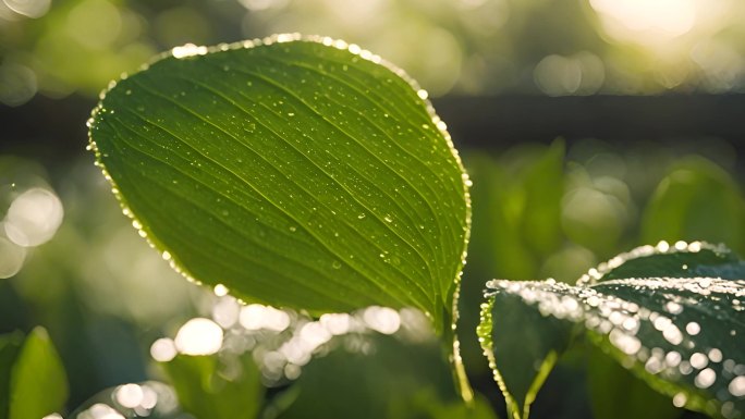 清晨 阳光 植物 绿叶 水滴