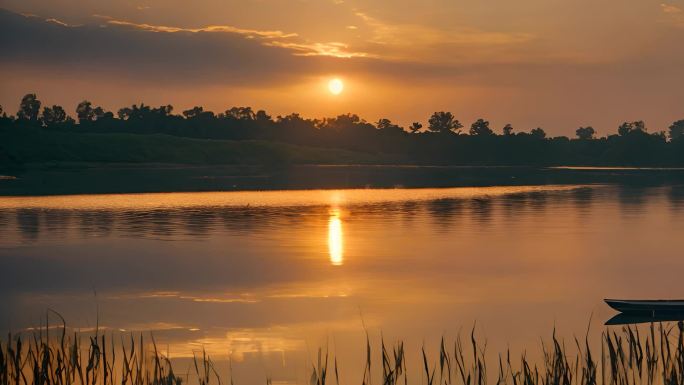 太阳升起 金色湖面