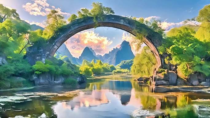 古村落石桥构成独特风景线桂林风光唯美场景