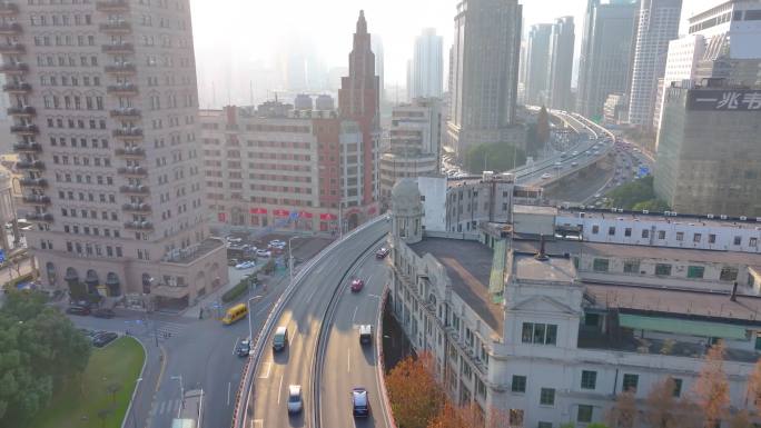 上海黄浦区延安东路航拍外滩车流交通风景城