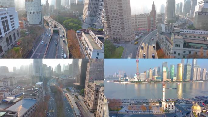 上海黄浦区延安东路航拍外滩车流交通风景城